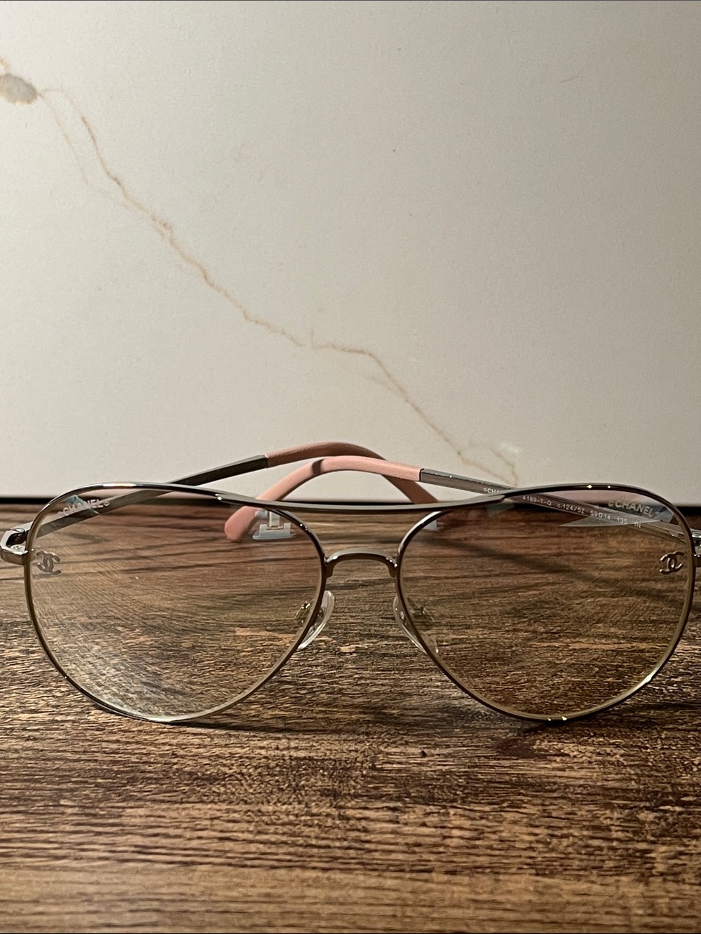 Authentic CHANEL Silver Aviator Glasses with Pink Temples and pink clear lenses